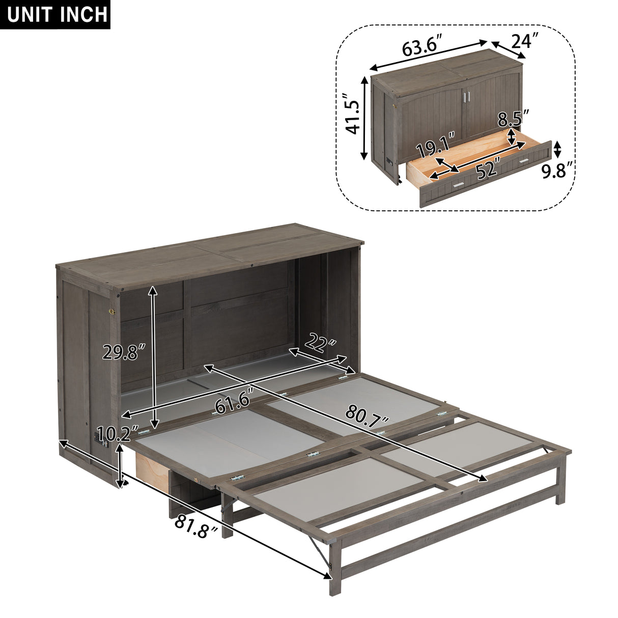 Queen Size Murphy Bed with Built-In Charging Station Antique Grey