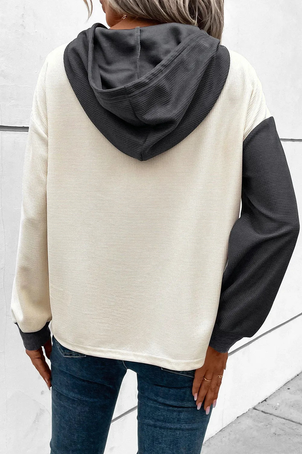 Drawstring Quarter Button Contrast Long Sleeve Hoodie - V.I.P Digital Presence