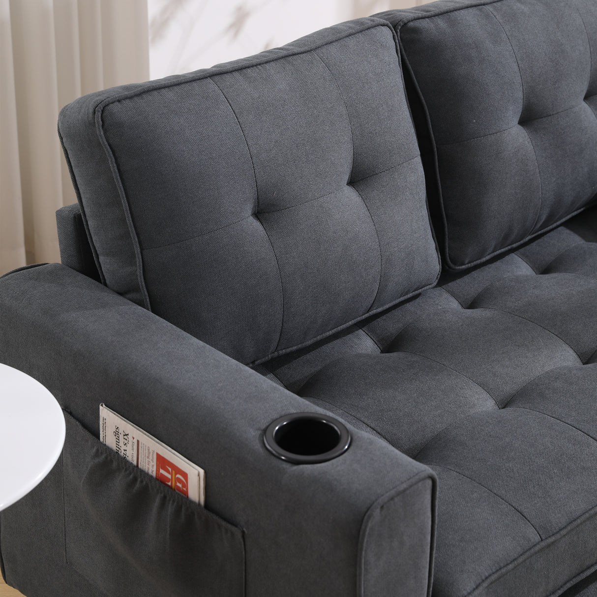 Three in one soft cushion cushion cushion sofa, folding mattress sofa bed, with side pockets and cup holder, dark gray - V.I.P Digital Presence