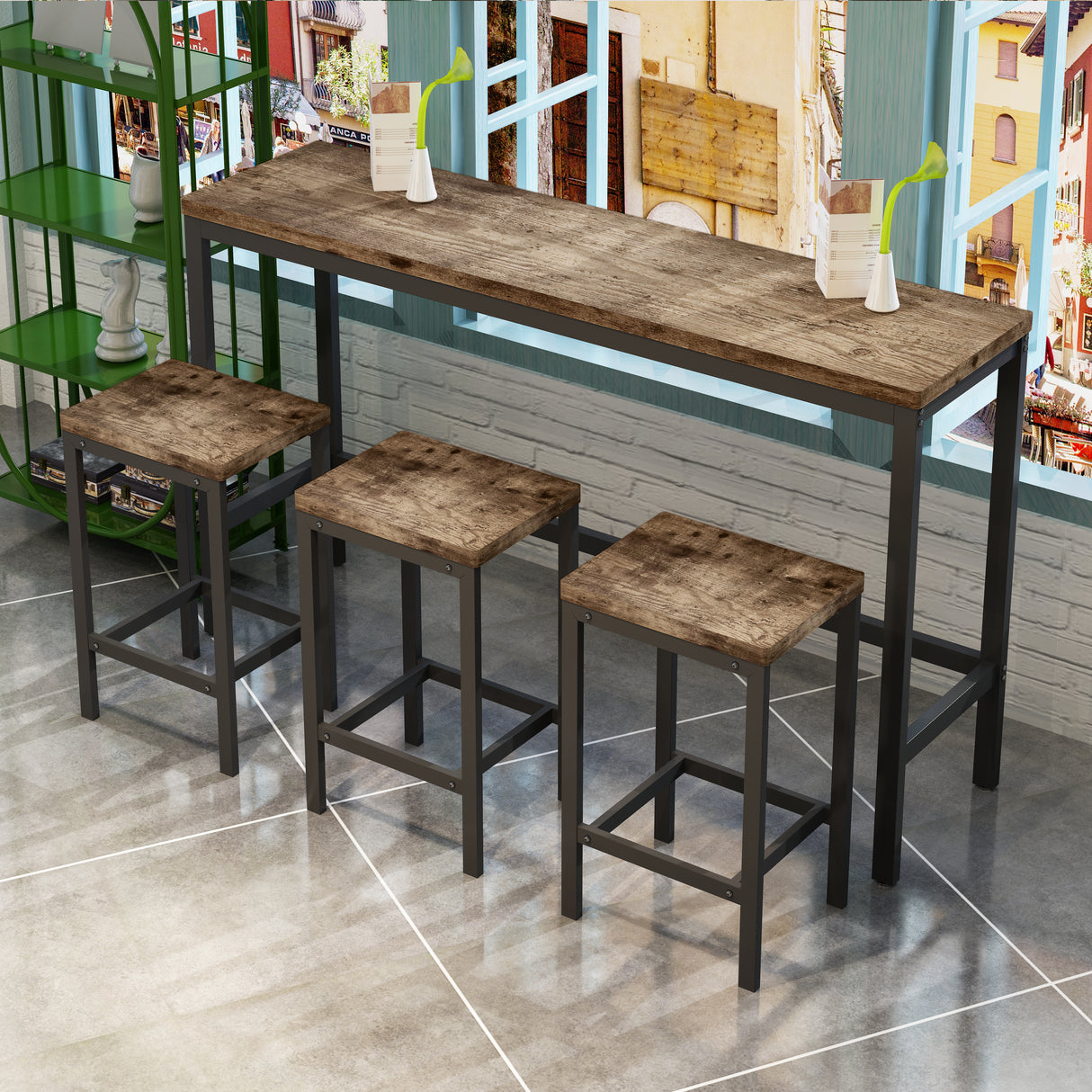 Modern Design Kitchen Dining Table Pub Table Long Dining Table Set with 3 Stools Easy Assembly Natural - V.I.P Digital Presence