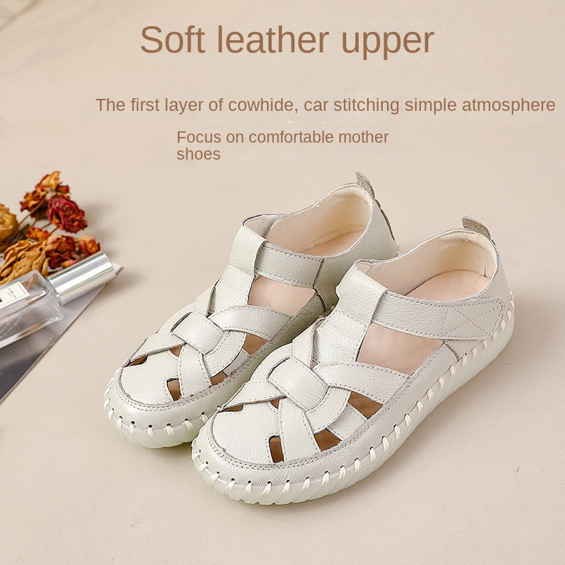 Leather perforated shoes with hollowed out toe caps for women soft soled non slip flat sandals for women - V.I.P Digital Presence