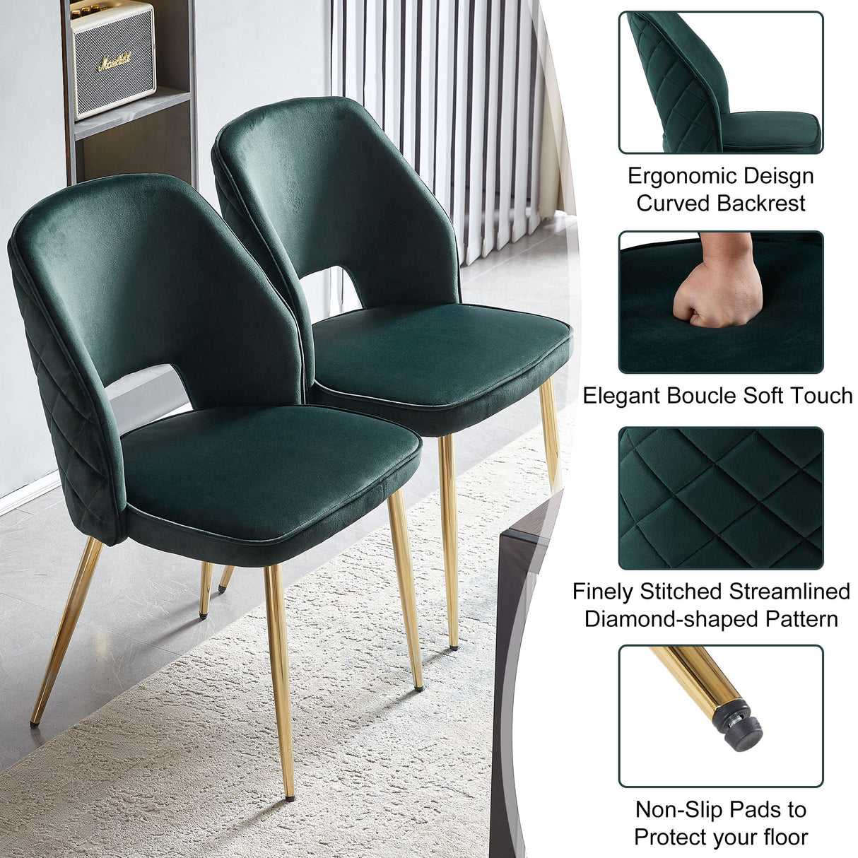 Dark Green Velvet Dining Chairs with Metal Legs and Hollow Back Upholstered Dining Chairs Set of 4 - V.I.P Digital Presence