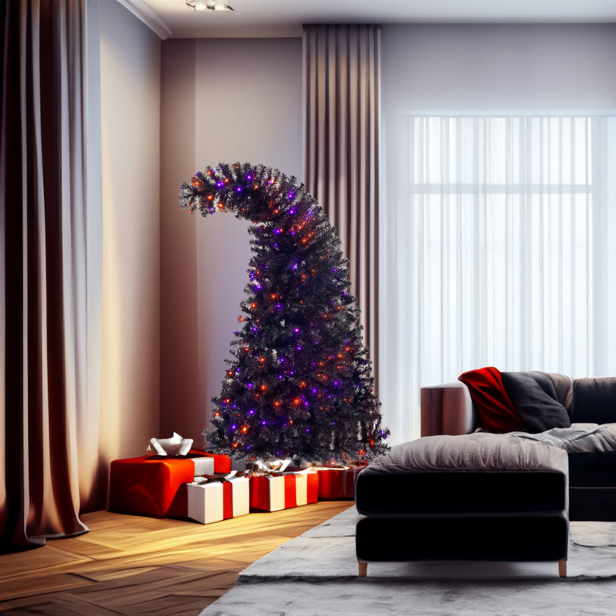 6FT artificial fir curved top Halloween tree, with 1080 lush branch tips and 300 LED lights in a Christmas and Halloween style - V.I.P Digital Presence