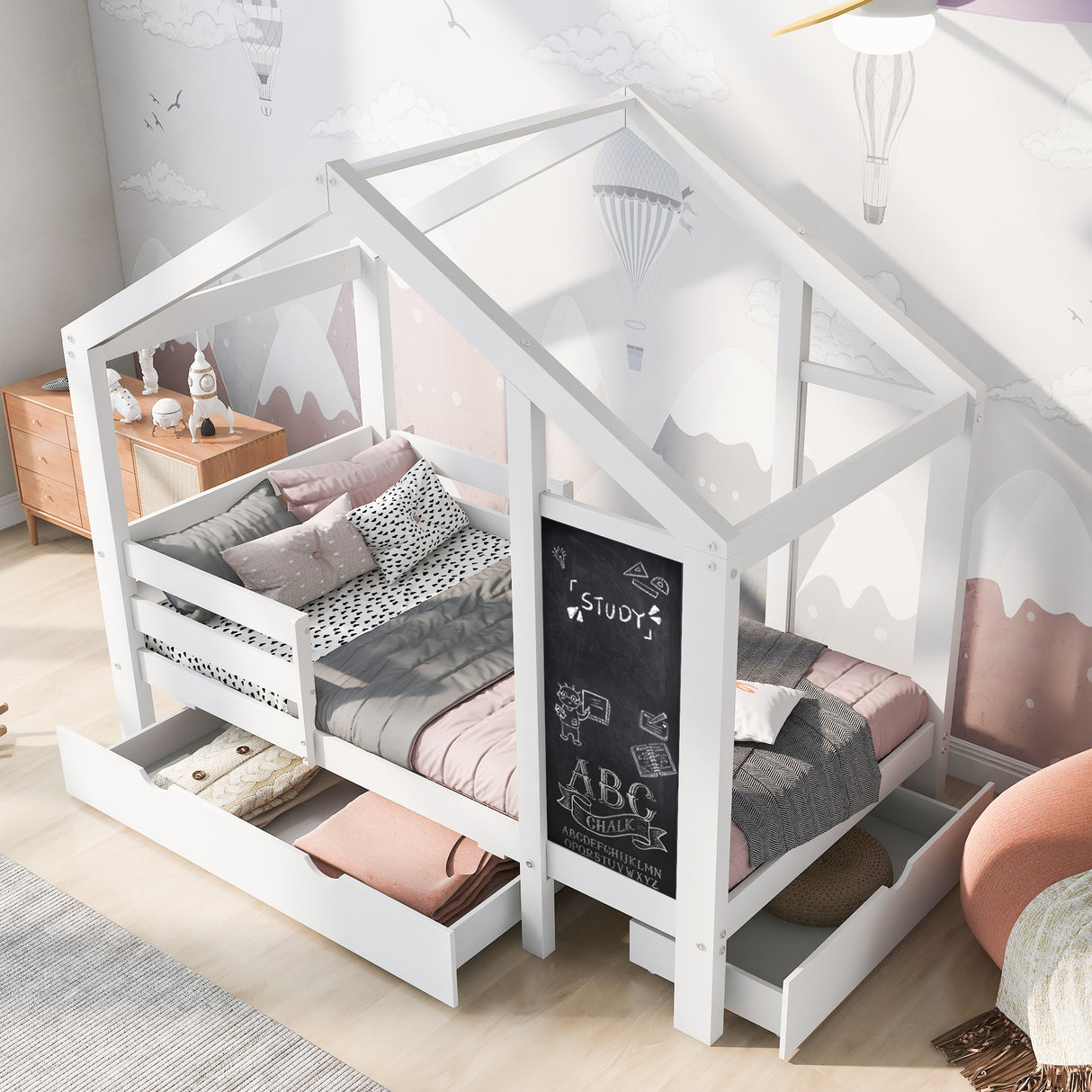 Full House Bed with Blackboard and Drawers Two assembly options White - V.I.P Digital Presence
