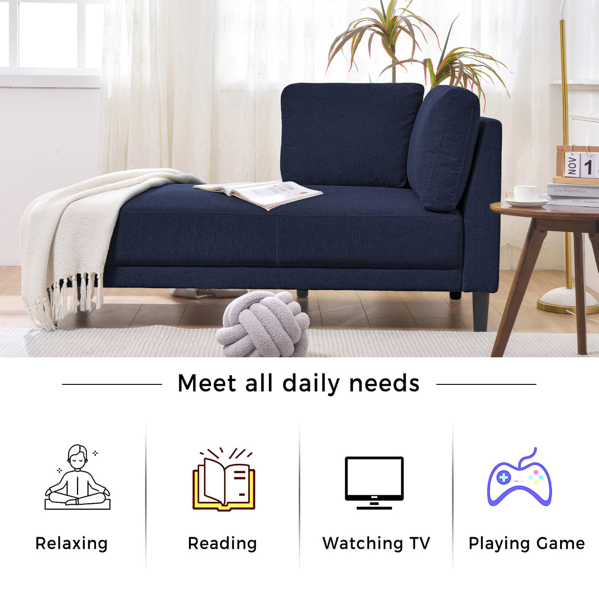 65" Mid-Century Modern Linen Fabric Corner Lounge Chair, Upholstered Indoor Chaise Lounge Solid Wood Sofa Bed for Bedroom - V.I.P Digital Presence