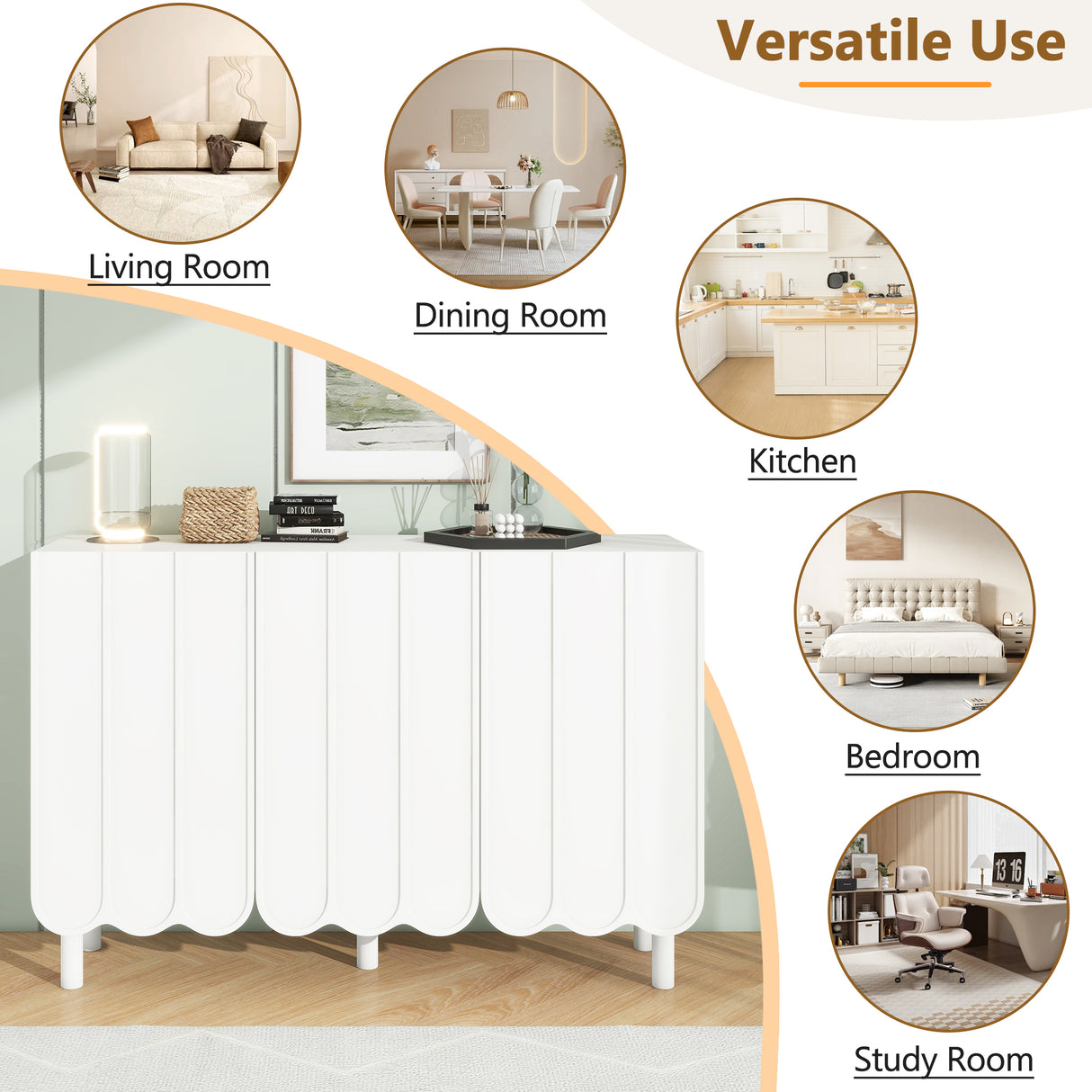 ON-TRANS Cream Style Shoe Cabinet with 5 Adjustable Solid Wood Legs, Large Storage Cabinet with Wave Doors, White - V.I.P Digital Presence