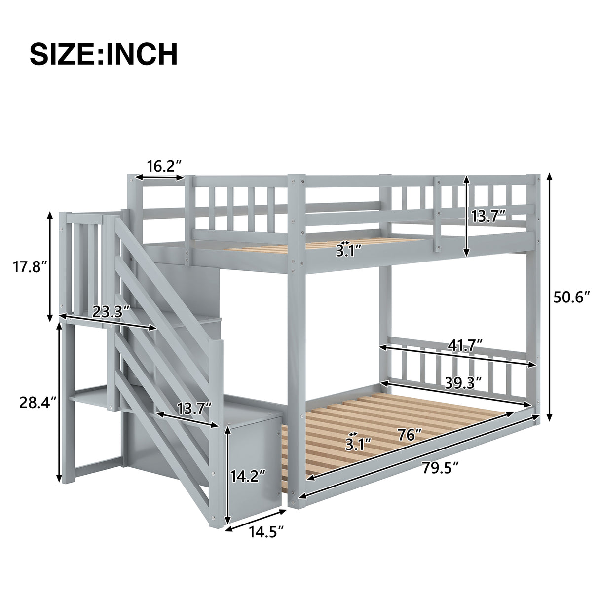 Twin over Twin Floor Bunk Bed, Ladder with Storage Gray
