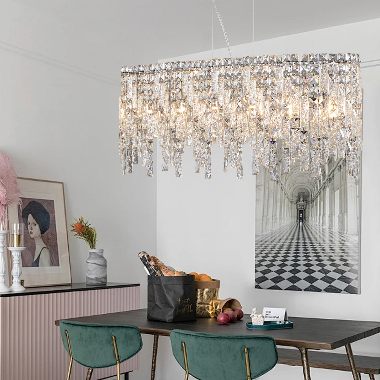 Silver elegant oval crystal pendant light, modern ceiling fixture with reflective suspended crystal (bulb not included) - V.I.P Digital Presence