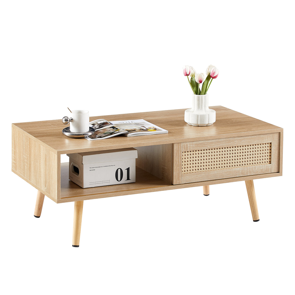 41.34" Rattan Coffee table sliding door for storage solid wood legs Modern table for living room natural - V.I.P Digital Presence