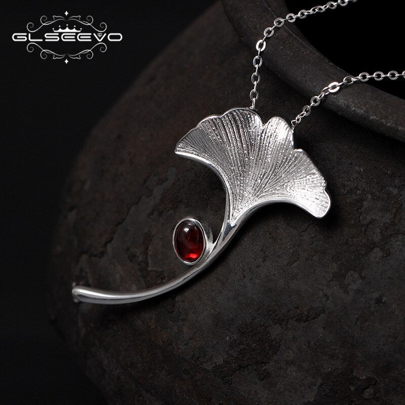 GLSEEVO Ginkgo Biloba Leaf Brooches For Women Wife 925 Sterling Silver Natural Garnet Luxury Brooch Luxury Fine Jewellery - V.I.P Digital Presence