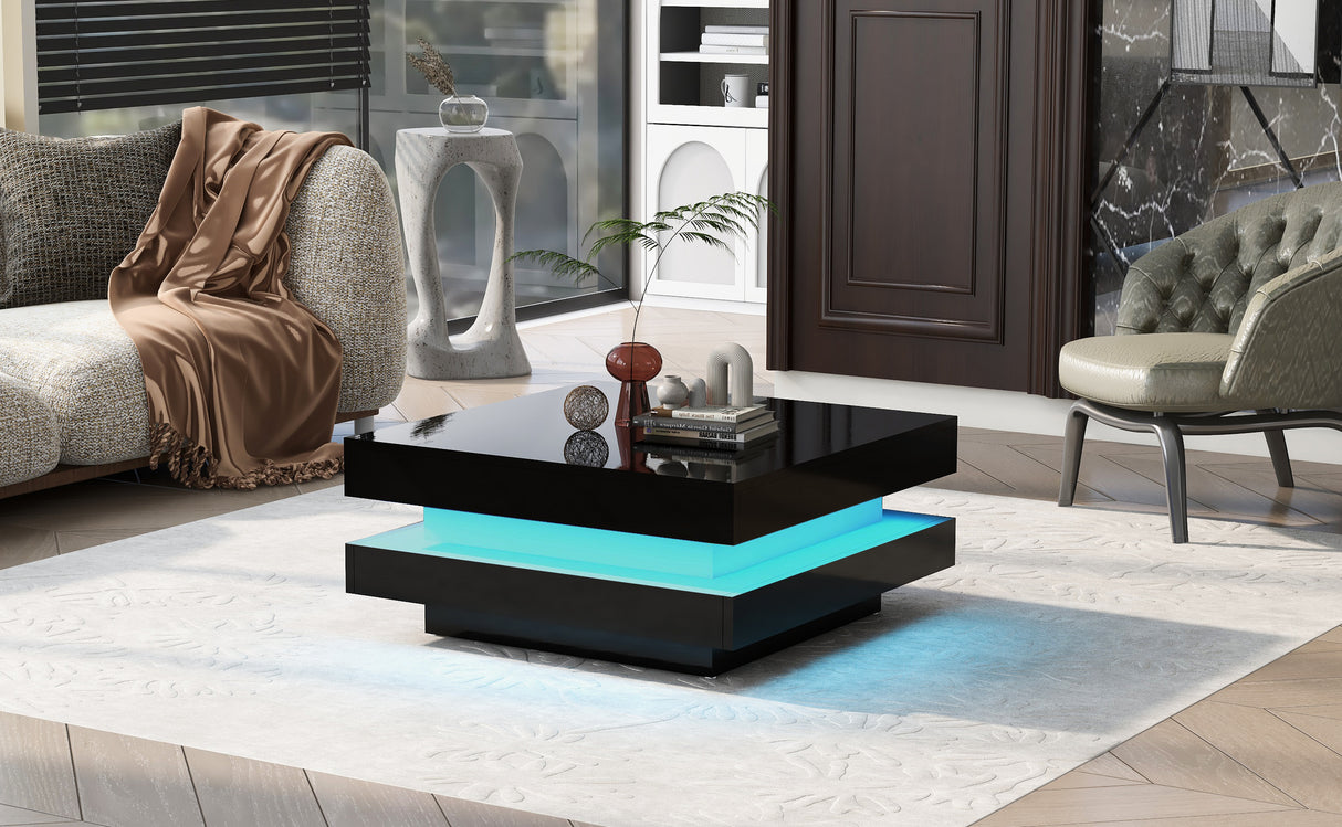 ON-TREND High Gloss Minimalist Design with LED Lights 2-Tier Square Coffee Table Black