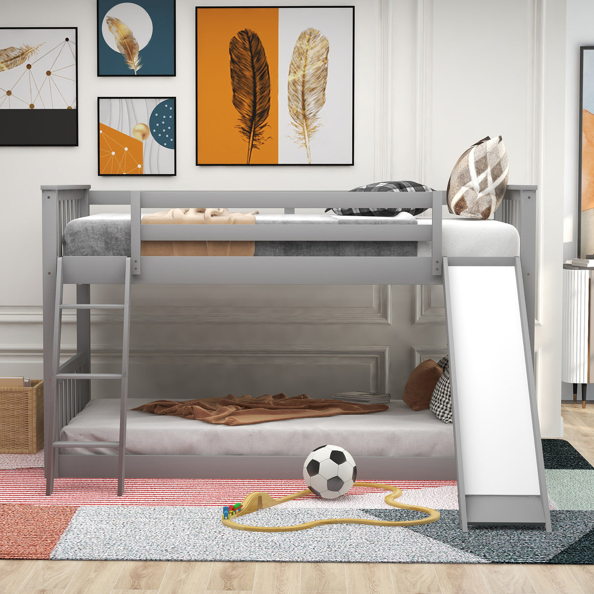 Twin over Twin Bunk Bed with Convertible Slide and Ladder Gray