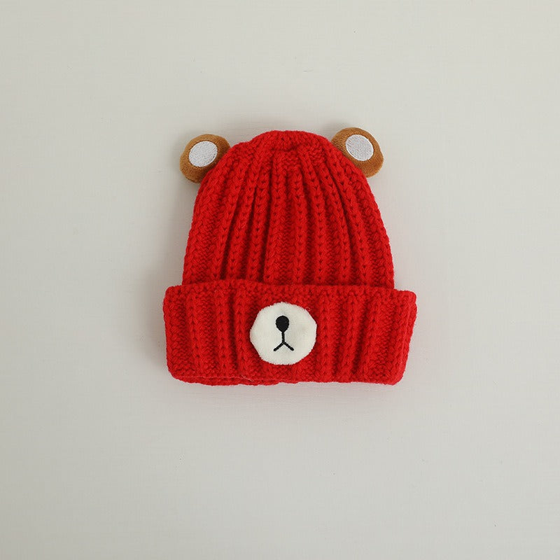 Gorro de punto cálido para niños de otoño e invierno, bonito gorro de lana de color caramelo con forma de oso, gorro cálido coreano para bebés, para hombres y mujeres, tendencia