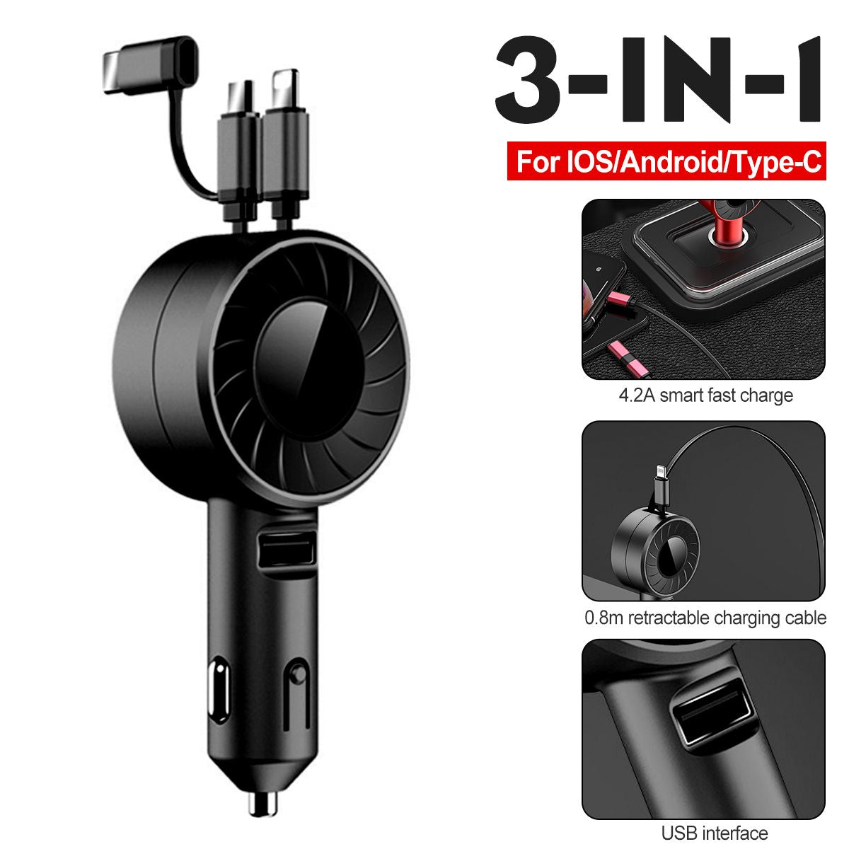 3-IN-1 Car Charger Mobile Phone Adapter For IOS/Android/Type-C USB Retractable Charging Cable 4.2A Fast Charing For Truck - V.I.P Digital Presence