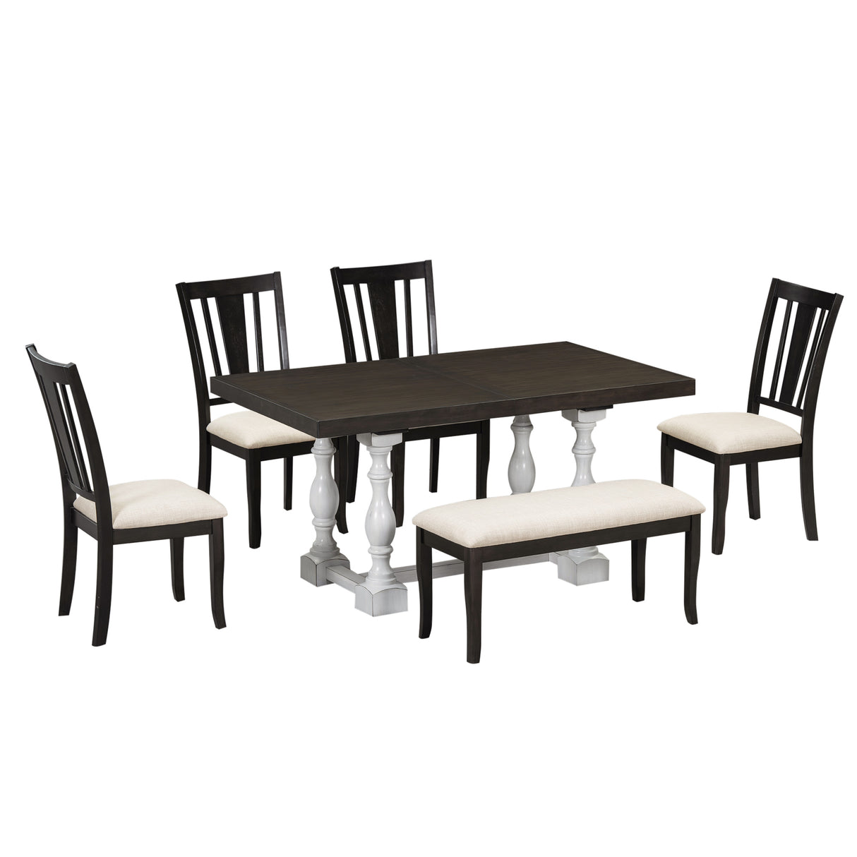 Traditional 6-Piece 78inch Trestle Extendable Dining Table Set with One 18inch Removable Leaf Distressed White - V.I.P Digital Presence