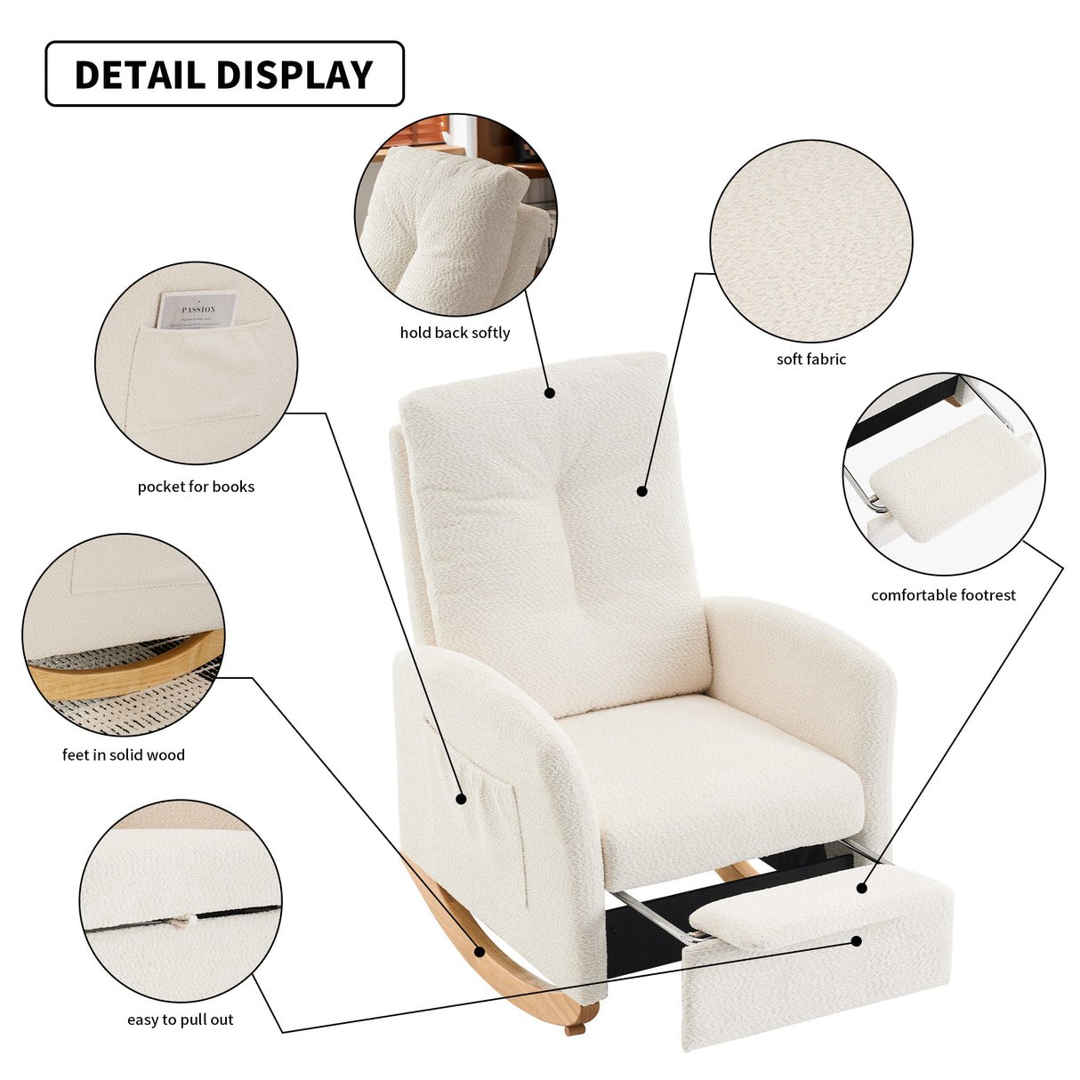 Accent Rocking Chair with Footrest High Back Rubber Wood Rocking Legs Bedroom Living Space - V.I.P Digital Presence