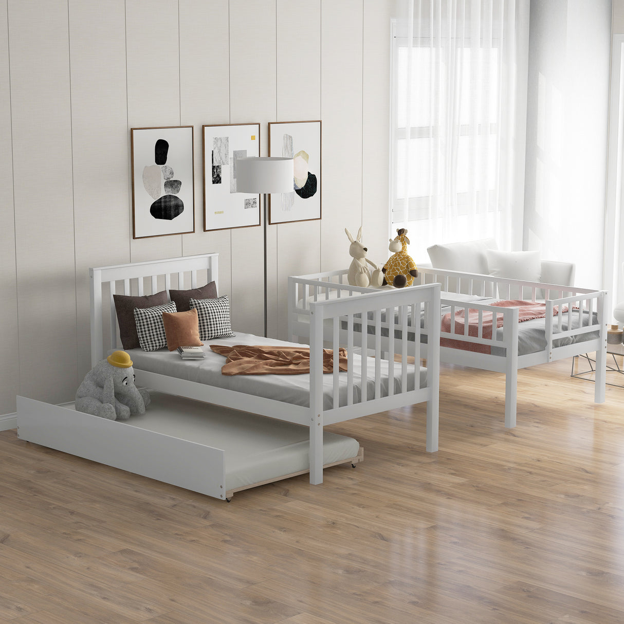 Twin over Twin Bunk Bed with Trundle and Storage White