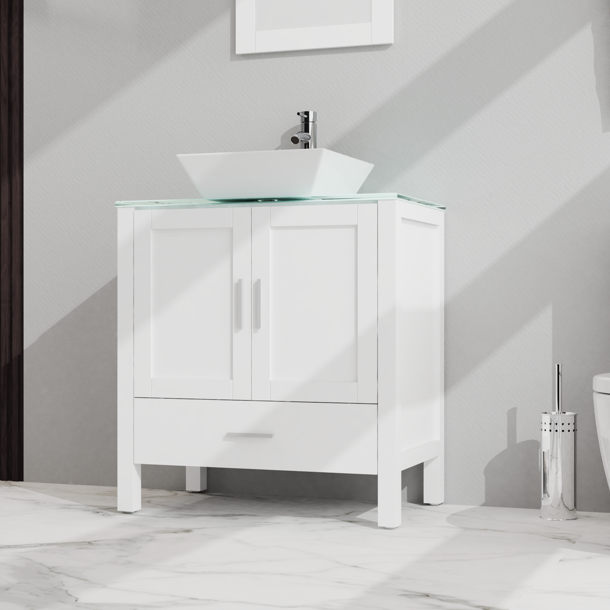 Goodyo 30" Bathroom Vanity and Sink Combo Glass Top Cabinet w/Mirror, White - V.I.P Digital Presence