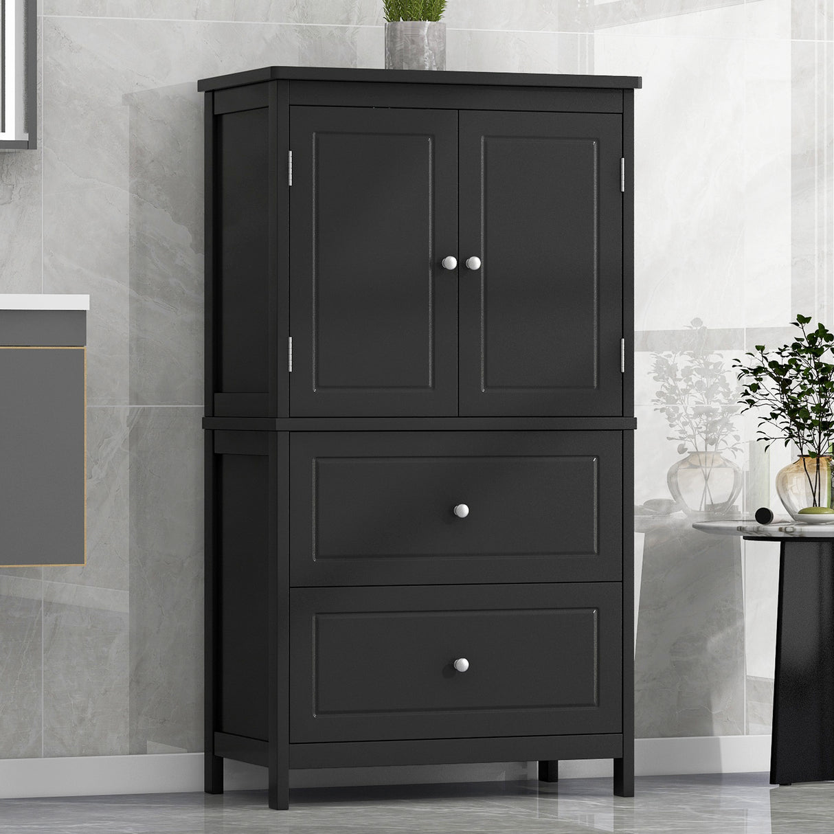 Bathroom Storage Cabinet, Cabinet with Two Doors and Drawers, Adjustable Shelf, MDF Board, Black - V.I.P Digital Presence