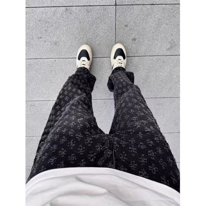 High Street Hip Hop Trousers, Trendy Brand Cool and Handsome Jacquard Full Print Jeans for Men, American Style Vibe Straight Leg Pants - V.I.P Digital Presence