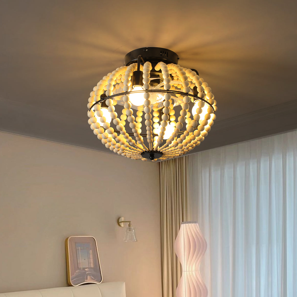 Beaded Fan lamp Wood Beaded Chandelier Oak White - V.I.P Digital Presence