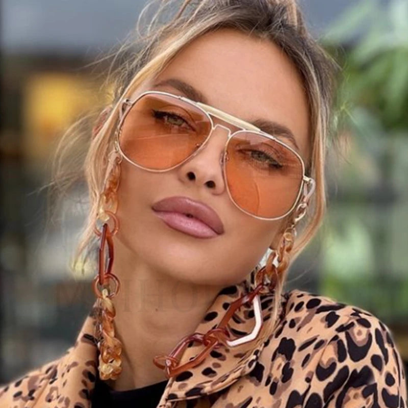 Metal Frame Pilot Sunglasses For Women Double Bridge Champagne Sun Glasses Woman Luxury Square Clear Oversize Shades - V.I.P Digital Presence