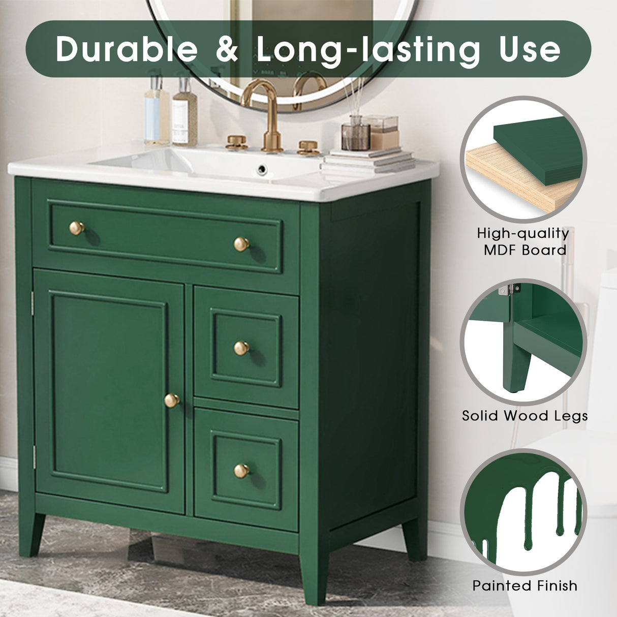 30" Bathroom Vanity with Sink Top, Bathroom Vanity Cabinet with Door and Two Drawers, Solid Wood Frame, One Package, Green - V.I.P Digital Presence