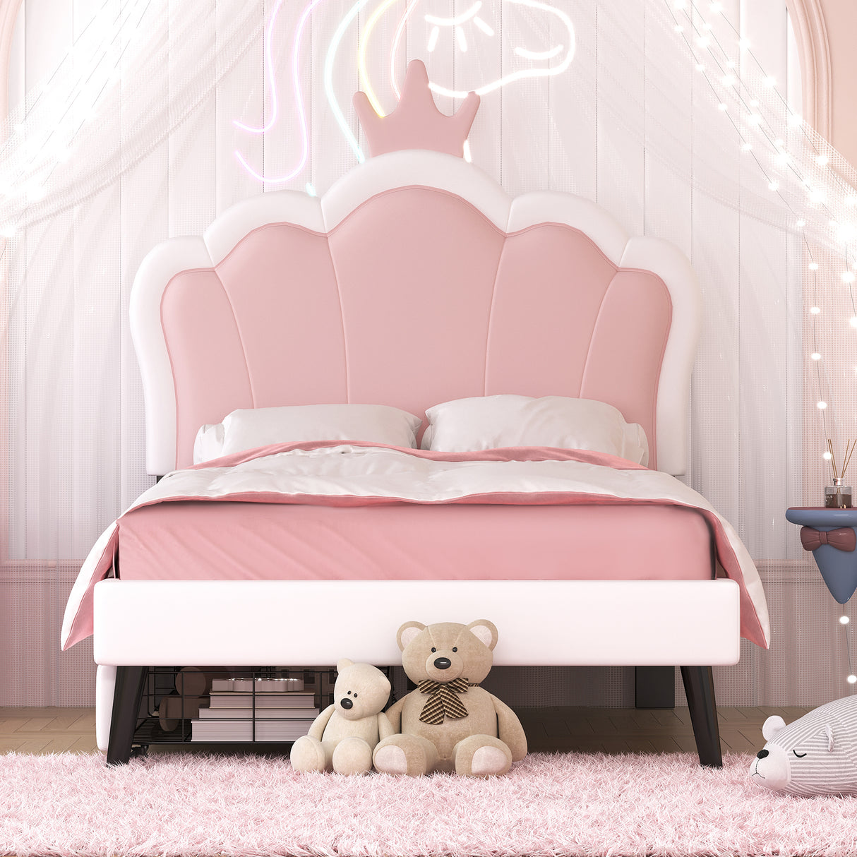Twin cushion princess bed with crown headboard and 2 drawers with headboard and footrest, pink+white - V.I.P Digital Presence
