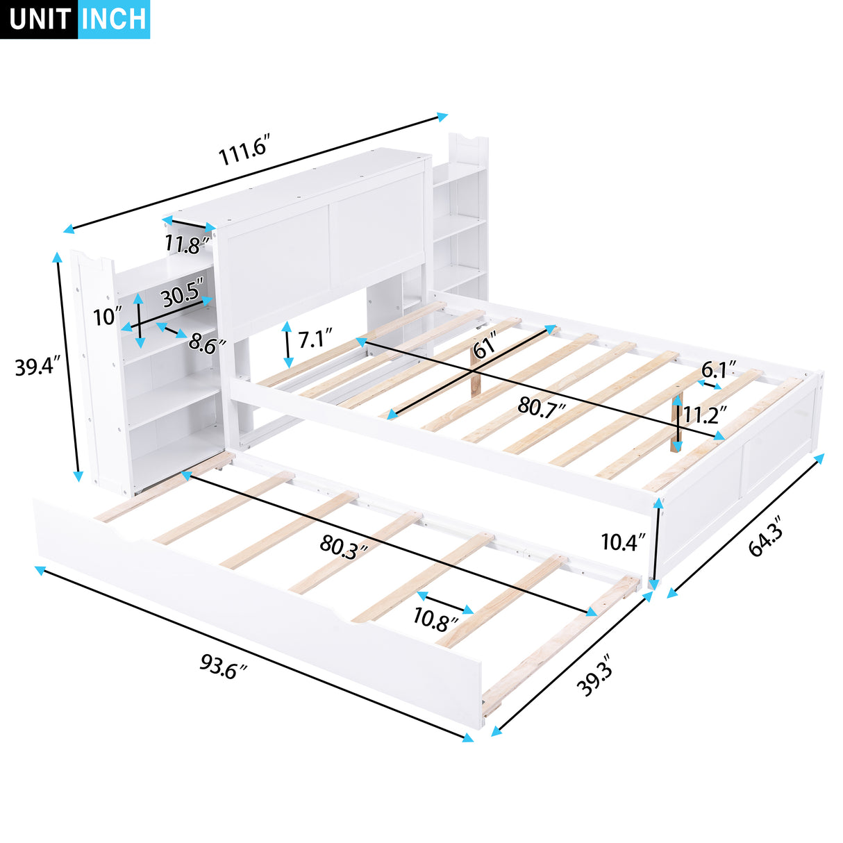 Queen Size Storage Platform Bed with Pull Out Shelves and Twin XL Size Trundle White