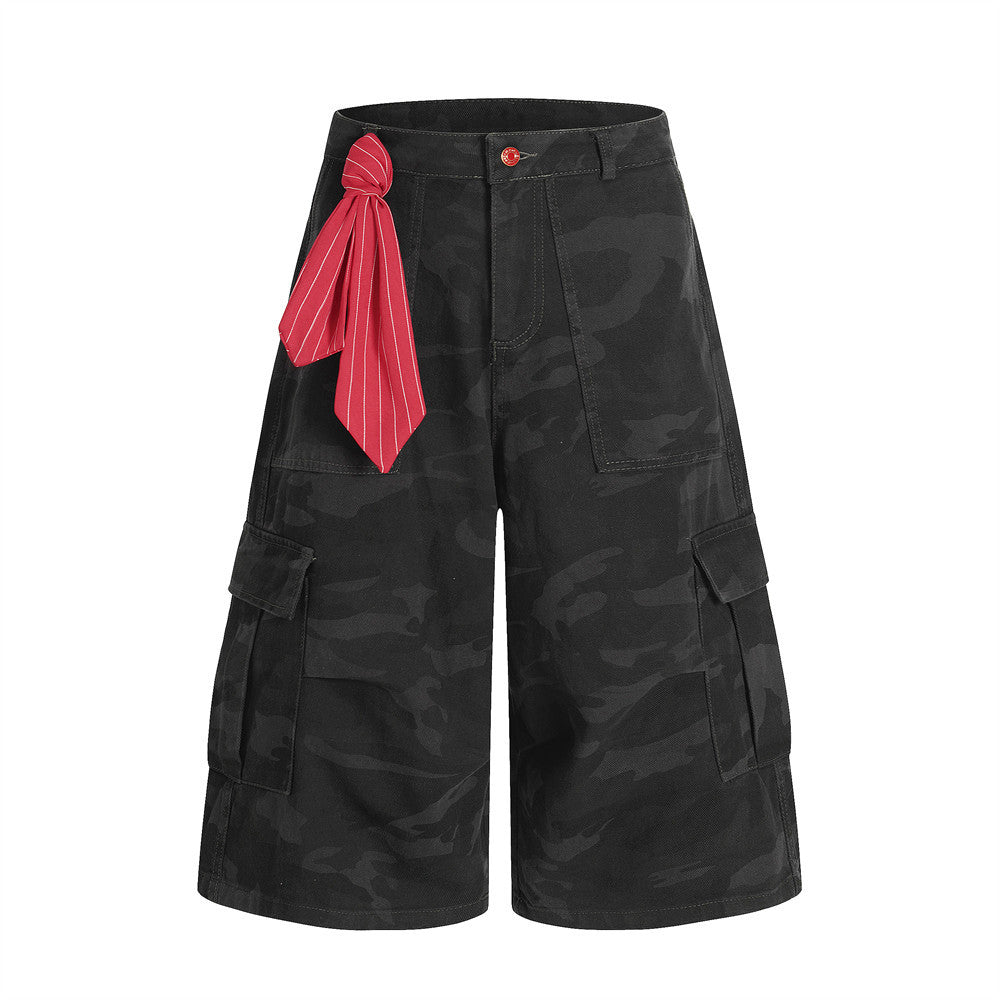 American Retro Camouflage Denim Seven-Quarter Shorts for Men, Loose Wide-Leg Multi-Pocket Design Workwear Five-Quarter Pants Trendy - V.I.P Digital Presence