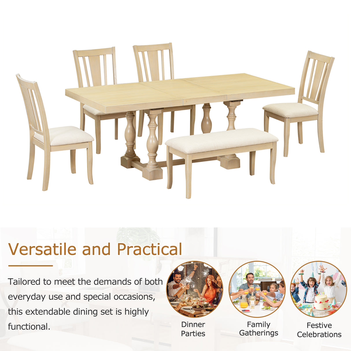 Traditional 6-Piece 78inch Trestle Extendable Dining Table Set with One 18inch Removable Leaf Padded Dining Chairs Bench,Natural - V.I.P Digital Presence
