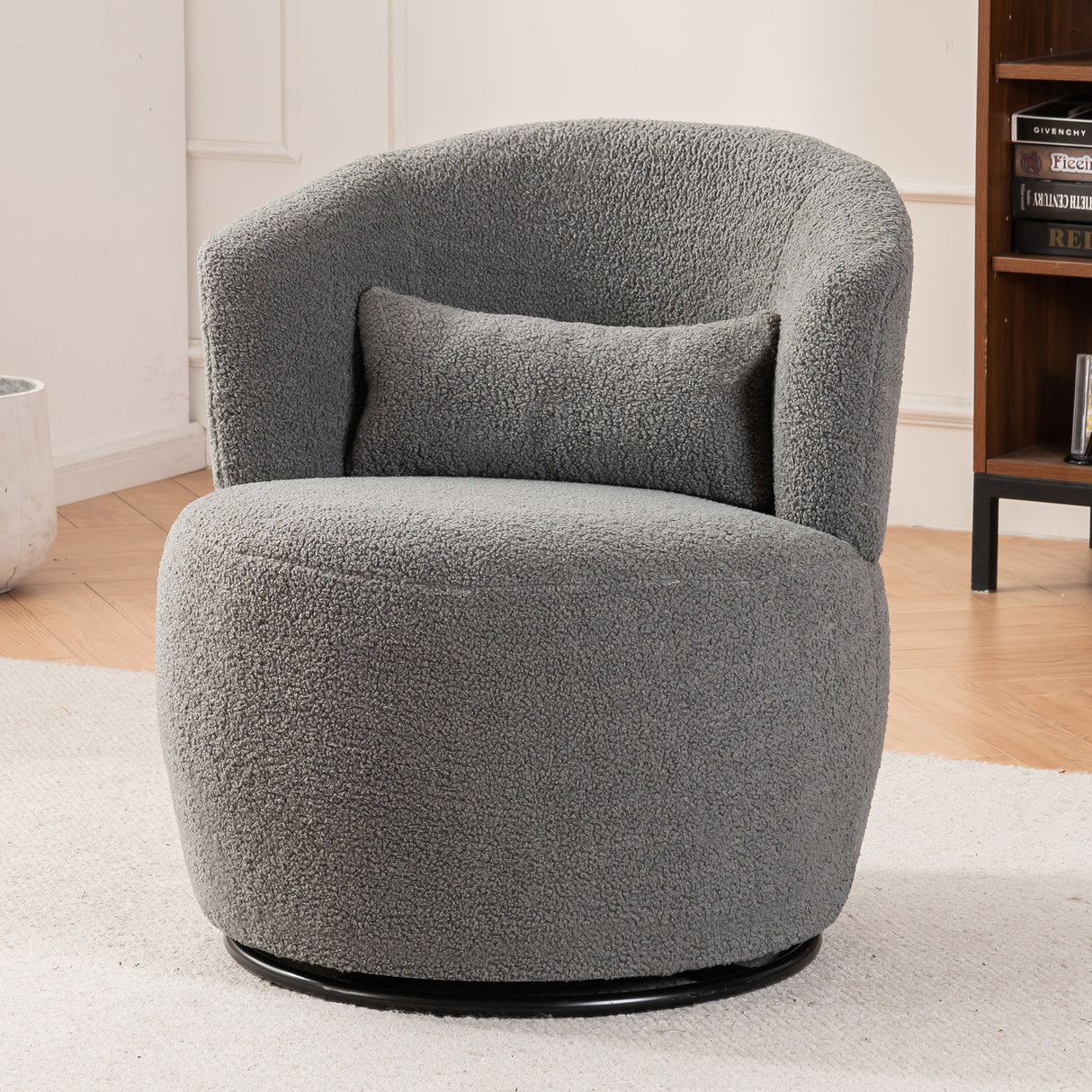 Grey Plush Swivel Accent Chair - Contemporary Round Armchair with 360° Rotation and Metal Base for Living Room Elegance - V.I.P Digital Presence