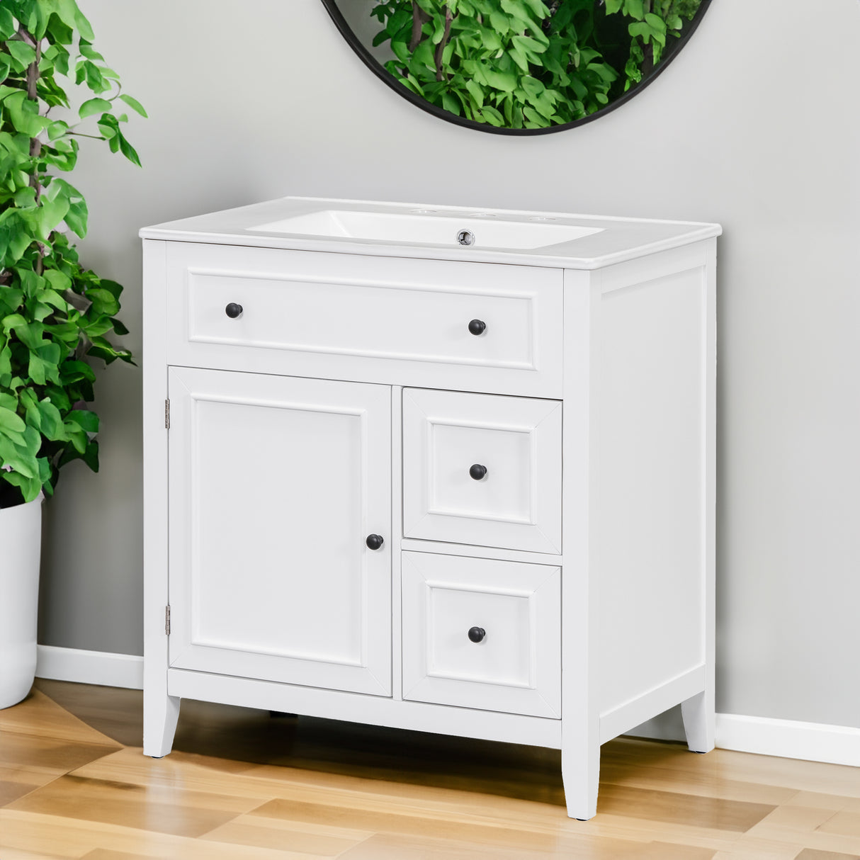 30" Bathroom Vanity with Sink Top, Bathroom Vanity Cabinet with Door and Two Drawers, Solid Wood Frame, One Package, White - V.I.P Digital Presence