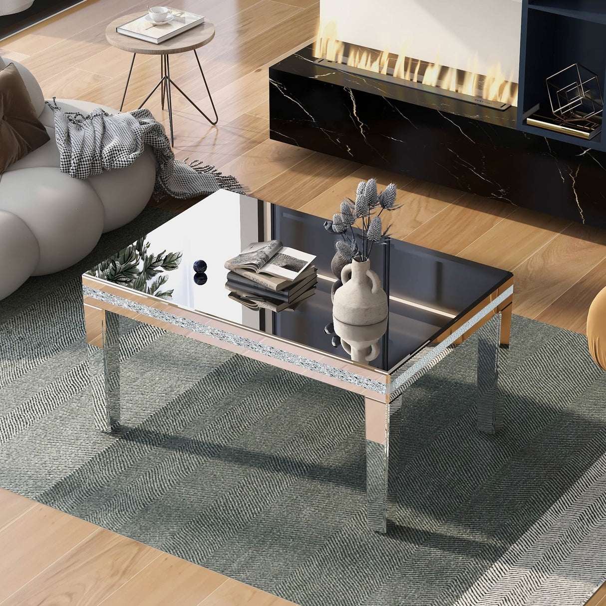 The ON-TRANS stylish modern glass mirrored coffee table features a crystal design and adjustable height legs in silver - V.I.P Digital Presence