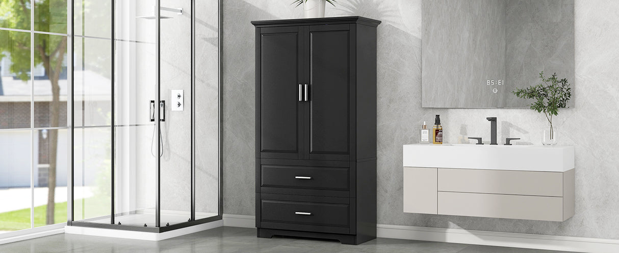 Tall Bathroom Storage Cabinet, Cabinet with Two Doors and Drawers, Adjustable Shelf, MDF Board, Black - V.I.P Digital Presence