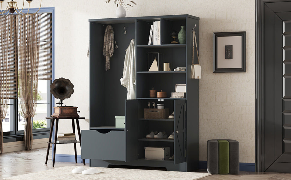 Multi-functional Hall Tree with Storage Shelves Drawers and Cabinet, Elegant Hallway Shoe Cabinet with Bench Antique Blue - V.I.P Digital Presence