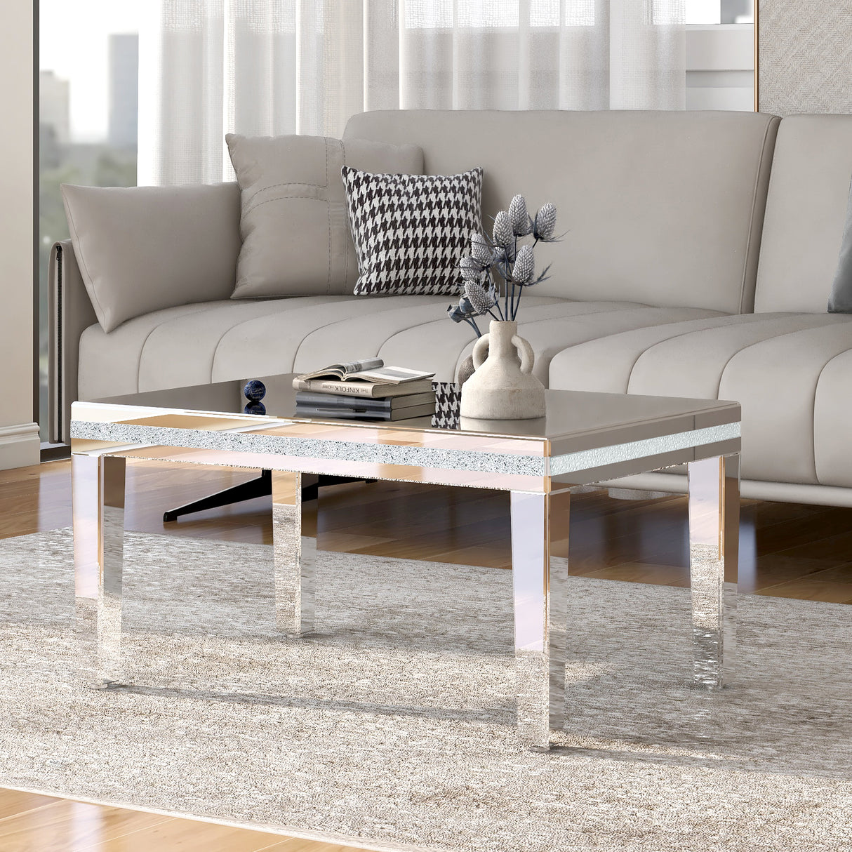The ON-TRANS stylish modern glass mirrored coffee table features a crystal design and adjustable height legs in silver - V.I.P Digital Presence