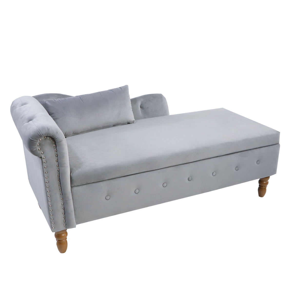 Grey Chaise Lounge Indoor Velvet Lounge Chair for Bedroom with Storage & Pillow Modern Upholstered Rolled Arm Chase Lounge - V.I.P Digital Presence