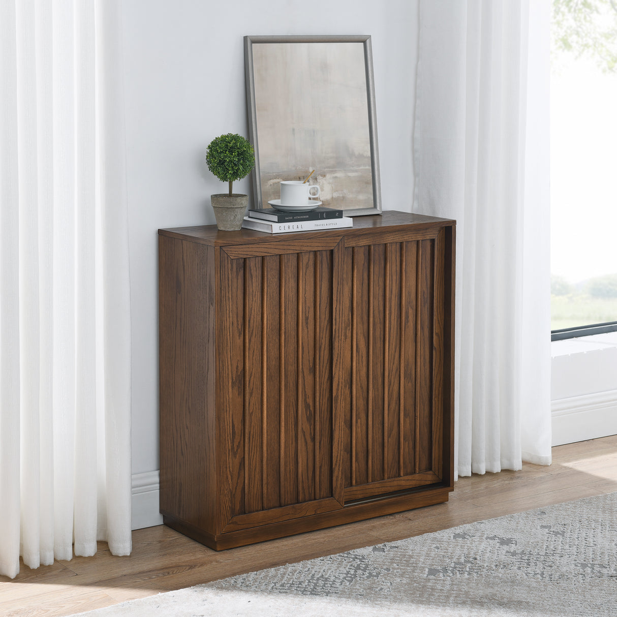 Medieval side panel with 2 sliding doors and solid wood decorative strips, storage cabinet - V.I.P Digital Presence
