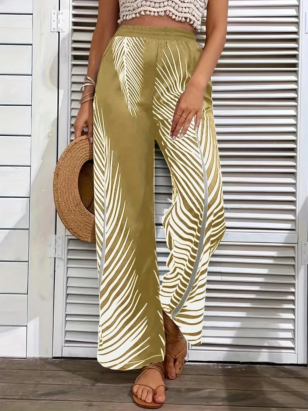 Fashionable and elegant striped leaf positioning printed wide leg pants for women - V.I.P Digital Presence