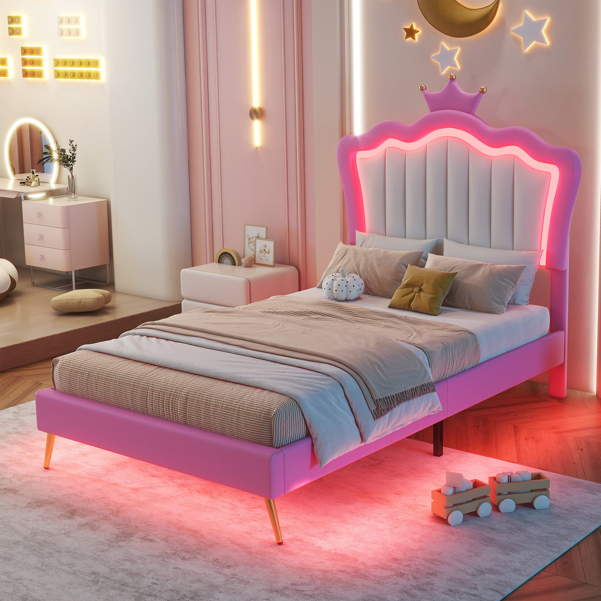 Twin Size Upholstered Bed Frame with LED Lights, Modern Upholstered Princess Bed with Crown Headboard, Pink+White - V.I.P Digital Presence