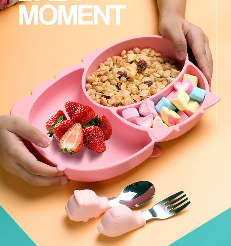 Juego de vajilla infantil de silicona para bebé, todo en uno, con compartimento para ventosa, tazón, tenedor, cuchara y plato.