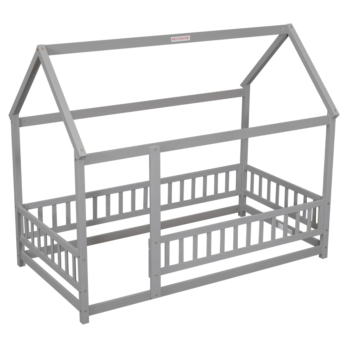 Twin Size Floor Wooden Bed with House Roof Frame, Fence Guardrails,Grey - V.I.P Digital Presence