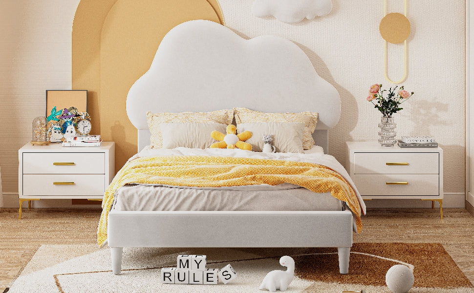 Twin Size Upholstered Cloud-Shape Bed ,Velvet Platform Bed with Headboard,No Box-spring Needed,Beige - V.I.P Digital Presence