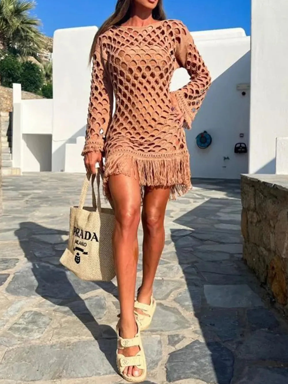 Fringe Cutout Long Sleeve Cover Up - V.I.P Digital Presence