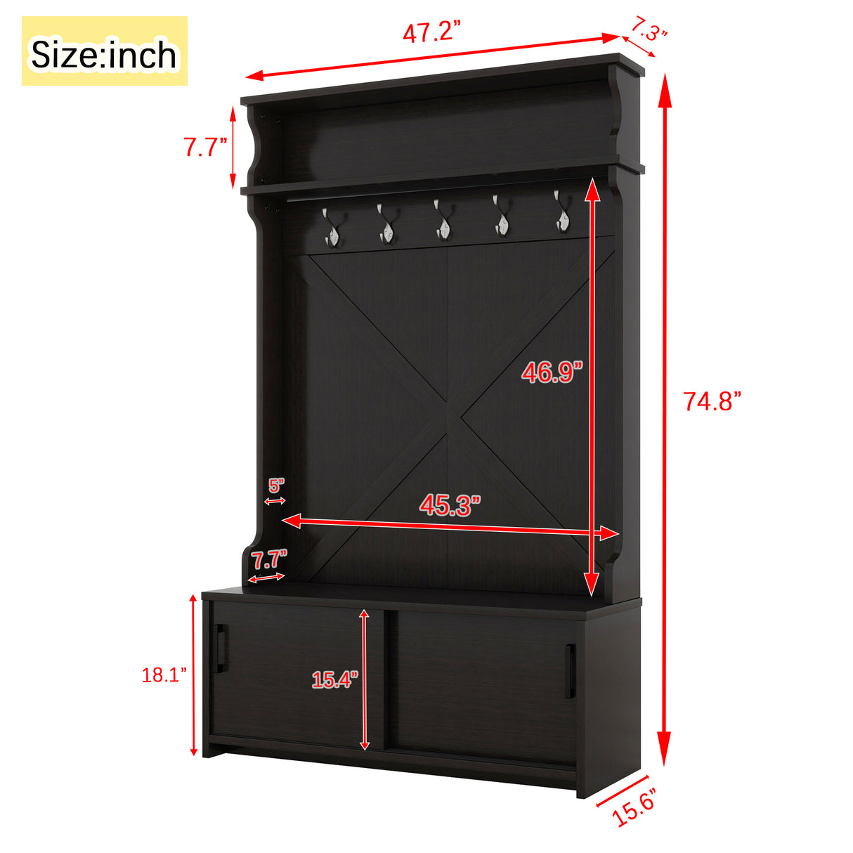 Hall tree with roof rack and storage platform, corridor shoe cabinet with sliding door, clothes hanger with 5 hooks black - V.I.P Digital Presence