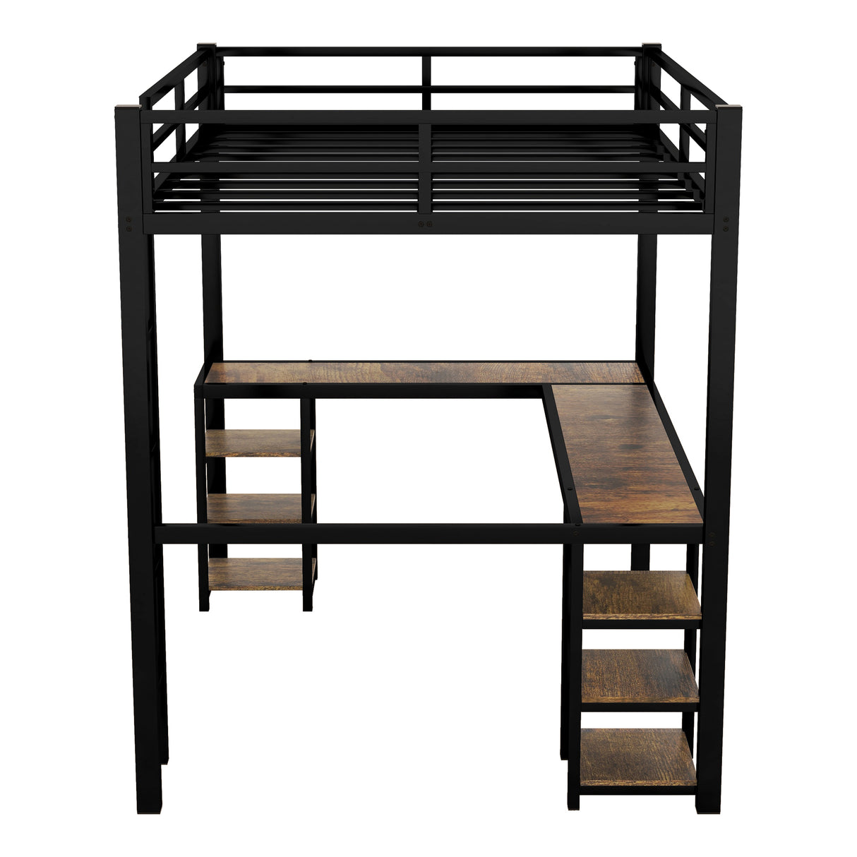 Full Metal Loft Bed with Desk and Shelves, Loft Bed with Ladder and Guardrails, Loft Bed Frame for Bedroom, Black - V.I.P Digital Presence