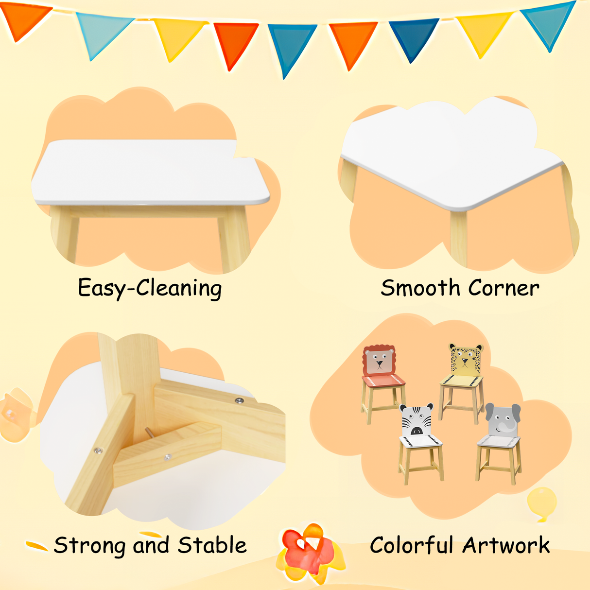 5 Piece Kiddy Table and Chair Set Kids Wood Table with 4 Chairs Set Cartoon Animals (bigger table) (3-8 years old) - V.I.P Digital Presence