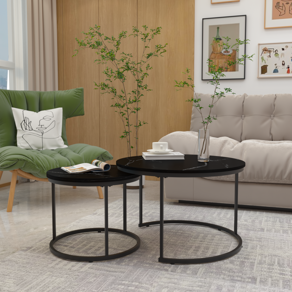 A set of nested coffee tables, 27.6-inch round coffee table, wooden marble patterned tabletop, sturdy metal frame (black) - V.I.P Digital Presence