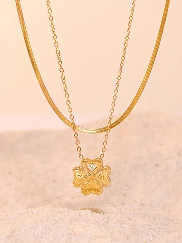 2 Piece 18K Gold-Plated Inlaid Zircon Lucky Clover Necklace - V.I.P Digital Presence